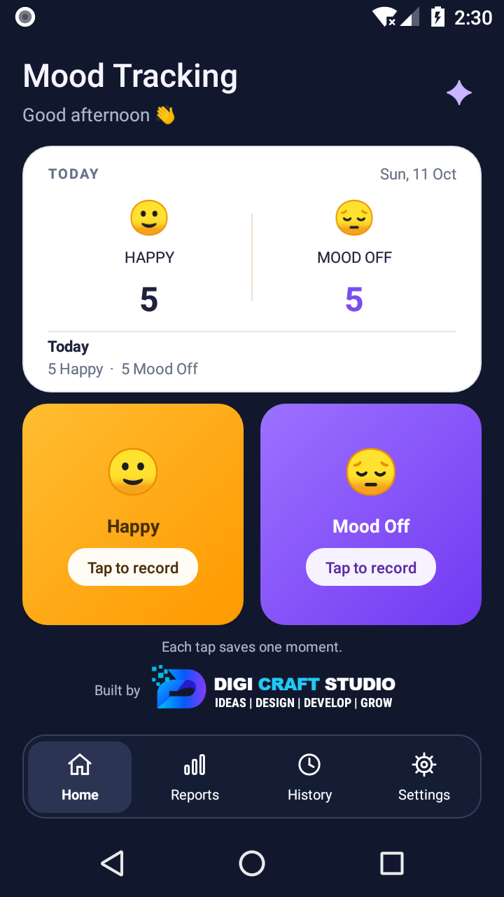 Mood Tracking Home screen with Happy and Mood Off recording buttons and today's counts